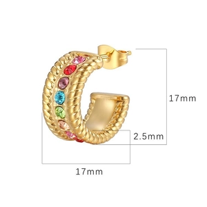 Vintage gold stainless steel C-shaped hoop earrings with colorful inlaid rhinestones