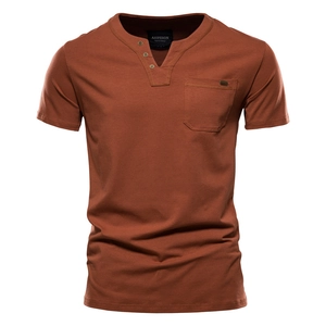 Men's slim fit cotton Henley T-shirt in caramel brown with chest pocket and three buttons