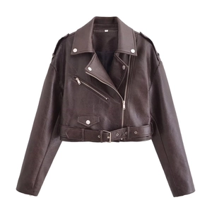 Women PU Faux Leather Moto Biker Jacket Vintage Belted Zipper Lapel Short Outerwear Streetwear Coat