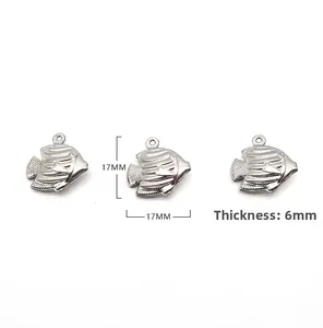 Detailed size view of silver hollow fish pendant showing 17mm length and 6mm thickness