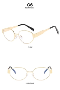 Detail view showing side and front angles of golden oval metal sunglasses frames, model C6