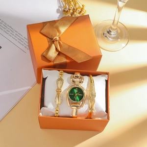 Damen-Armbanduhr in Gold mit grünem Zifferblatt und Armband-Set in oranger Geschenkbox