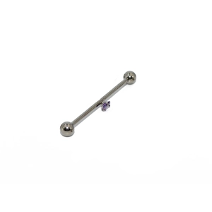 G23 titanium industrial barbell for ear piercings with a central purple zircon stone