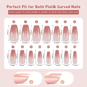Detailed size chart for pink gradient press-on nails featuring 15 different nail measurements