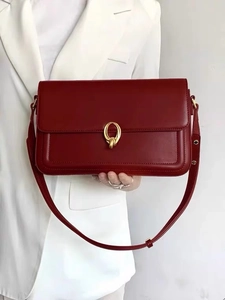 Retro dark red leather shoulder bag for women with gold oval lock and elegant flap