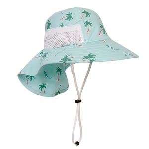 Detail of light blue kids sun hat with neck flap, palm tree prints and breathable mesh vents