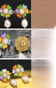 Detail view of heart petal flower earrings with natural baroque pearls and 18K gold plating