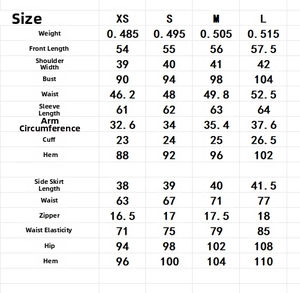 Detailed size guide table for elegant contrast lapel blazer and skirt set in XS to L