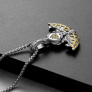 Vintage Viking axe pendant necklace with gold accents and Valknut symbol on box chain