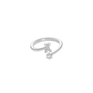 S925 sterling silver X-shaped open ring featuring pavé diamonds and a single round stone