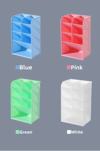 Detail view of slanted 4-tier plastic organizers in blue, pink, green, and white
