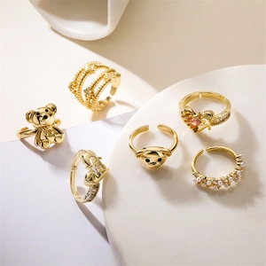 Fashion Copper Rings For Women Micro Pave Zircon Heart Teddy Bear Star Adjustable Open Design Elegant Jewelry Accessory