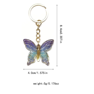 Colorful gradient butterfly keychain with gold edges and purple to teal glitter wings
