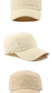 Vista dettagliata da tre angoli del cappellino beige ad asciugatura rapida con occhielli