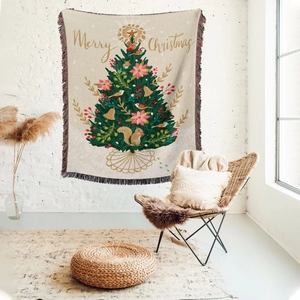 Detail of Christmas tree woven tapestry with festive patterns and colorful fringe edges