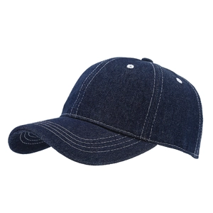 Classic dark blue denim baseball cap with white contrast stitching and soft crown design