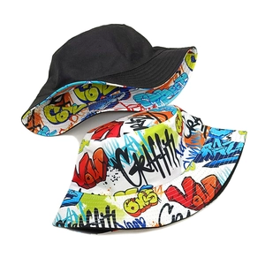 Double-sided street style graffiti bucket hat with foldable cotton fabric for men and women