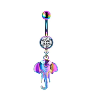 Macro view of rainbow stainless steel belly ring with elephant pendant and crystal