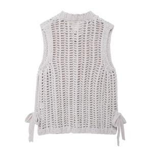 Gilet da donna in maglia grigio chiaro con design a rete e fiocchi sui lati