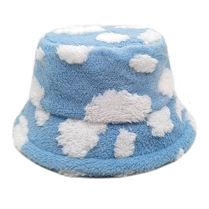 Plush Bucket Hat Cloud Pattern Warm Faux Fur Winter Outdoor Basin Cap For Women Adjustable Sweet Style
