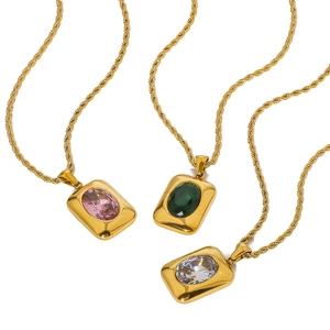 18K gold stainless steel twist necklaces with rectangular zircon pendants in pink and green