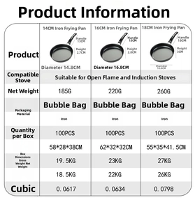 Size chart for 14cm to 18cm non-stick iron frying pans showing dimensions and weight
