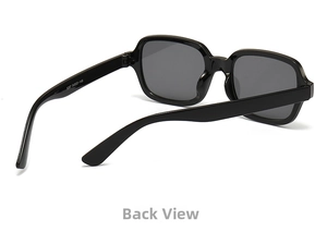 Detail view of square black sunglasses showing interior temple specs and back frame