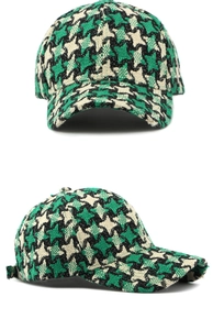 Detailed views of thick knit houndstooth baseball cap in green and beige texture