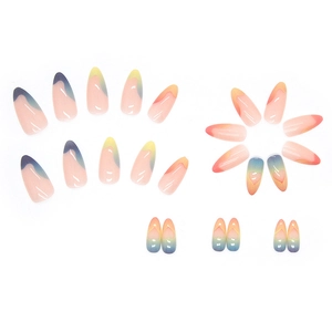 Colorful gradient almond press-on nails with heart designs and high-gloss finish
