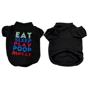 Detailed front and back view of a black cotton dog t-shirt with colorful slogan print
