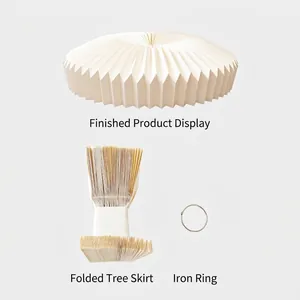 Cream pleated Christmas tree skirt with folding design and metal ring for base decoration