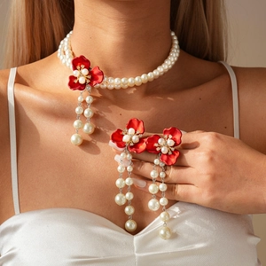 Retro Double Layer Artificial Pearl Necklace And Red Flower Tassel Earrings With Silver Earring Post Alloy Rhinestone Enamel