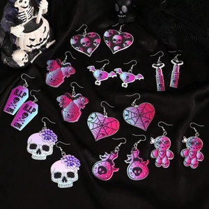 Halloween Earrings Acrylic Alloy Skull Bat Spider Web Gothic Dark Style Novelty Dangle Hook Ear Jewelry For Women
