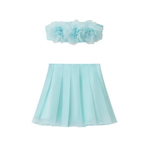 Women's light blue two-piece set featuring 3D floral tube top and pleated mini skirt