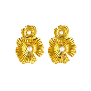 Floral Drop Earrings Stainless Steel 18K Gold Plated With White Artificial Pearl French Vintage Flower Jewelry For Women