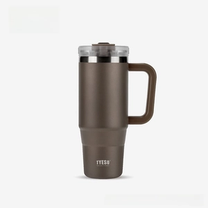 Close-up of the leak-proof clear lid and sturdy handle on this matte brown thermal tumbler