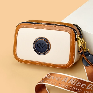 Women Retro Color Block Camera Bag PU Leather Wide Fabric Strap Dual Zipper Fashion Crossbody Shoulder Square Purse