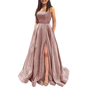 Rose pink sequin evening gown with high slit and spaghetti straps for formal banquets