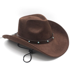 Detail of dark brown suede cowboy hat with turquoise-style beaded leather band and chin strap