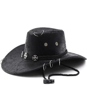 Chapeau De Cowboy Occidental Vintage Texture Similicuir Vieilli Large Bord Breloques En Métal Croix Corde Coupe-Vent Réglable