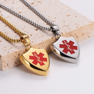 Medizinische Schild-Halsketten aus Edelstahl in Gold und Silber mit rotem Star of Life Symbol