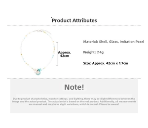 Detail view of seaside shell and pearl necklace with 42cm length and 7.4g weight