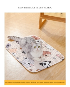 Detail of skin-friendly plush pet mat with cartoon dog patterns and a cat model