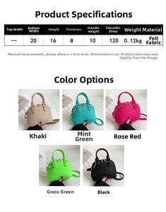 Detailed size specifications and color options for the stylish felt shell crossbody handbag