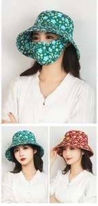 Detail of outdoor sun hat with floral face mask and breathable neck cover protection