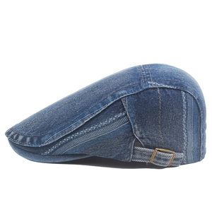 Classic dark blue denim beret hat for women with retro bronze adjustable metal buckle