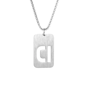 Close-up of brushed silver stainless steel rectangle pendant with cutout CI letter