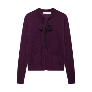 Cardigan En Tricot Pour Femme Pull Avec Nœud Col Rond Manches Longues Polyester Couleur Unie Élégant Style Urbain Top Avec Poches