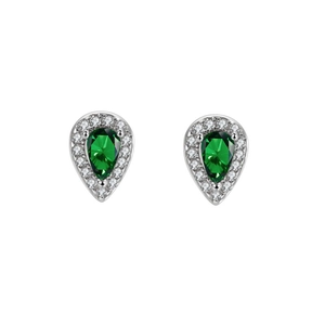 S925 sterling silver halo stud earrings featuring pear-cut green gemstones and zircons