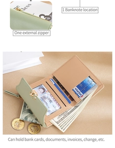 Detail of mint green and beige short wallet showing multi-card slots and zipper pocket